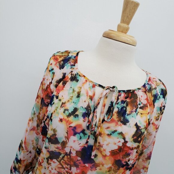 A.n.a Petite Floral Chiffon Blouse Size PL Sheer Peasant Tie Neck Boho Top - Picture 6 of 15